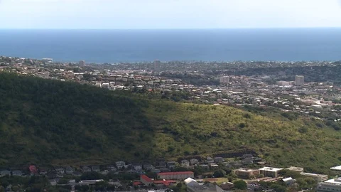 Diamond Head and Mountains Extreme Wide shot Stock Footage 81525632