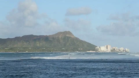 Diamond Head and surfers, Waikiki, Oahu, Hawaii Stock Footage