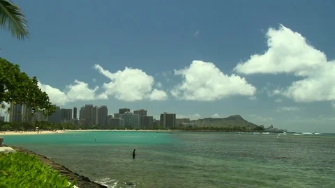 Diamond Head from Beach break wall Slow zoom in Stock Footage 81528814