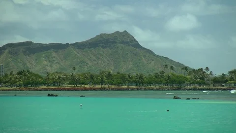 Diamond Head to beach with ocean Close up zoom out Stock Footage 81524235