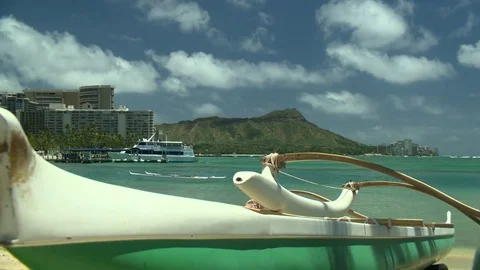 Diamond Head with Canoe at beach in foreground Wide Shot Zoom in and Out Stock Footage 81524252