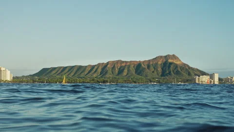 Diamond Head Volcanic State Park in Honolulu Hawaii in Sunset From Water 4K Stock Footage 263282435