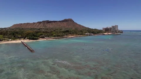Diamond Head Volcano Aerial Push in from the Beach Stock Footage 157132372