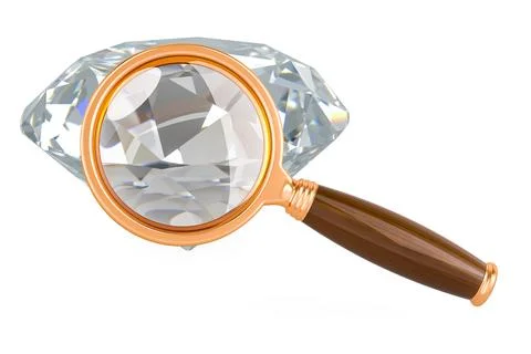 Diamond with magnifying glass. 3D rendering Illustrazione stock