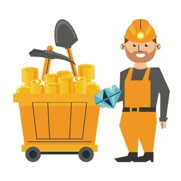 Diamond mining and worker with tools on wagon Stock Illustration