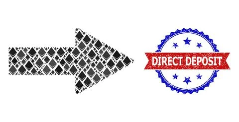 Diamond Mosaic Arrow Direction Icon and Grunge Bicolor Direct Deposit Stamp Stock Illustration