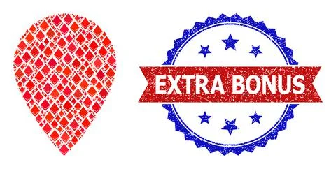 Diamond Mosaic Map Pointer Icon and Textured Bicolor Extra Bonus Stamp Seal Illustrazione stock