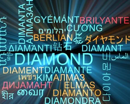 Diamond multilanguage wordcloud background concept glowing Stock Illustration