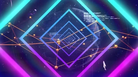 Diamond outline appearing triggers nested neon shapes rotating and nodes weaving Stock Footage 318239044