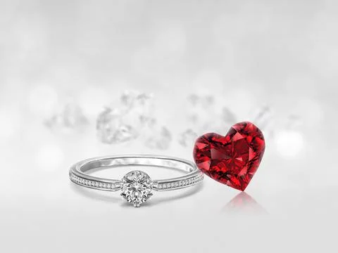 Diamond ring and Red Heart shaped diamond on the white diamonds background re イラスト素材