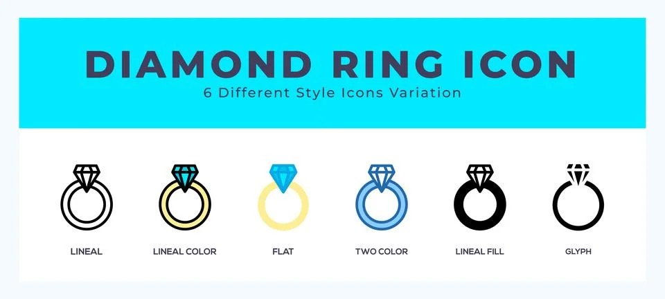 Diamond ring set of icons. Vector illustration with different styles. Stock Illustration