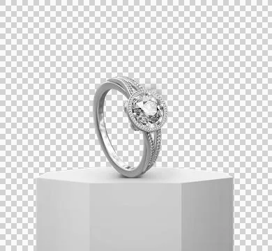 Diamond ring, on Shiny white round pedestal podium. transparent background Stock Illustration