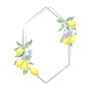 Diamond shaped blue frame with lemon branches decor in watercolor style vector Stock Illustration