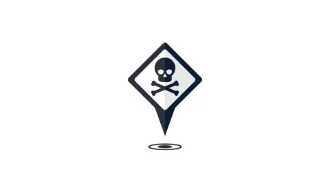 Diamond shaped danger location warning map pin icon animation with skull symbol. Stock Footage 327553998