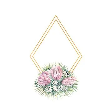Diamond-shaped gold frame with protea flowers, tropical leaves, palm leaves Stock Illustration