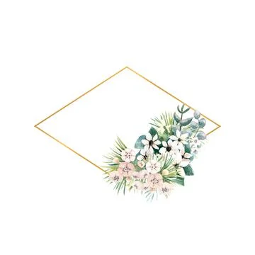 Diamond-shaped gold frame with small flowers of actinidia, bouvardia, tropical Stock Illustration