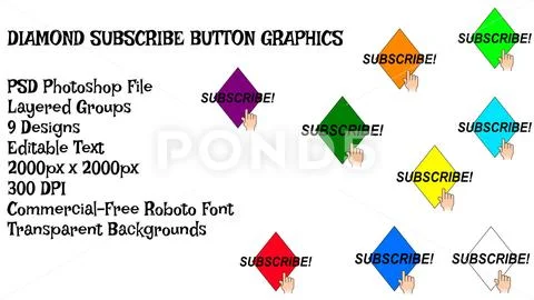 Diamond Subscribe Button, Social Media Video Graphics, Customizable Icon Pack PSD Template
