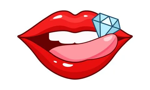 Diamond on tongue. Sexy red lips, female fashion patch. Fashionable kiss and Stock Illustration