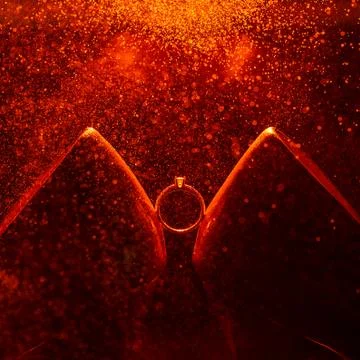 Diamond wedding ring between beautiful bride's shoes Stock Photos