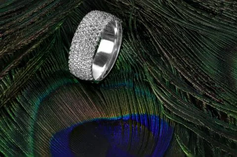 Diamond wedding ring on feathers Foto stock