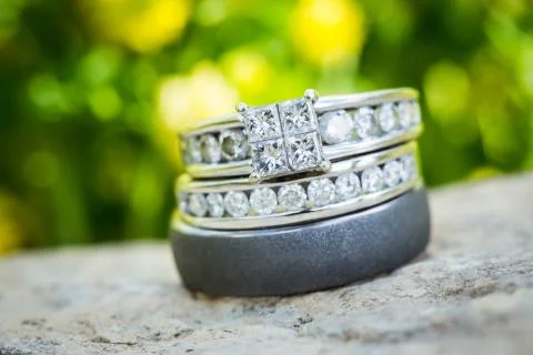 Diamond Wedding Ring Set in Nature Stock Photos
