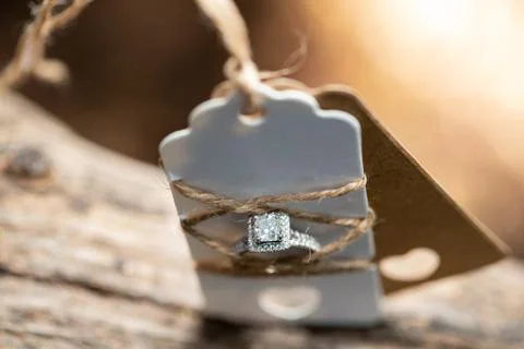 Diamond wedding ring tied with string Foto stock