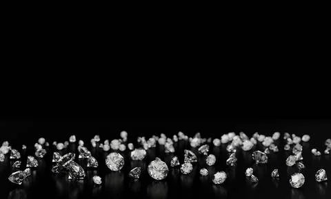 Diamonds on black background with reflect on surface. 3D Rendering. Stock Illustration