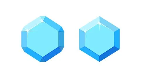 Diamonds with different cutting. Set of blue hexagon diamond crystals with top Stock Illustration