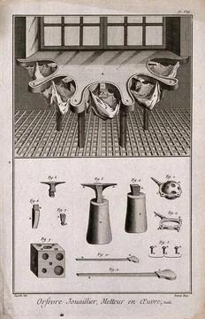 Diamondworks: (a) interior view (b) various tools of the trade. Etching by .. Stock Illustration