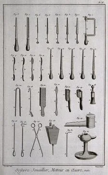 Diamondworks: various tools of the trade. Etching by Bnard after Lucotte. Stock Illustration