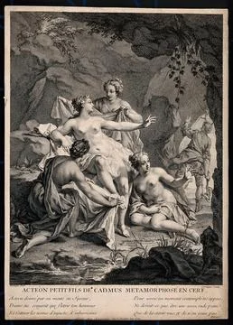 Diana [Artemis]: she changes Actaeon into a deer. Engraving by D. Sornique .. Illustrazione stock