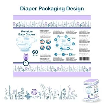 Diaper packaging design elements in doodle forest style. Nappy pakaging desig Stock Illustration