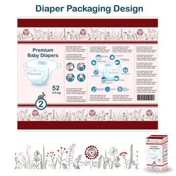 Diaper packaging design elements in doodle forest style. Nappy pakaging desig Stock Illustration