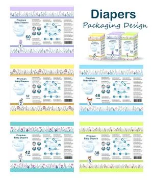Diaper packaging design elements in doodle forest style. Nappy pakaging colle Stock Illustration