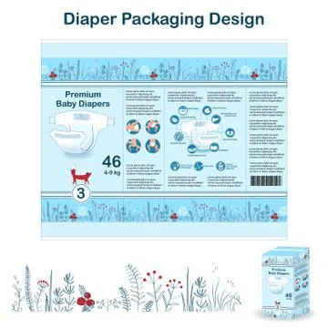 Diaper packaging design elements in doodle forest style. Nappy pakaging desig Illustrazione stock