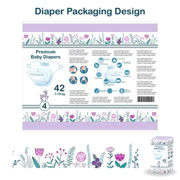 Diaper packaging design elements in doodle forest style. Nappy pakaging desig 스톡 일러스트