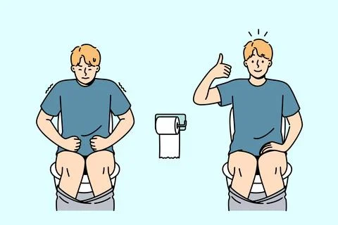 Diarrhea or constipation in man sitting on toilet and in pain, or showing thumbs Stock Illustration