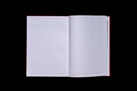 The diary with blank pages in the centre of the frame, black isolated backgro Foto stock