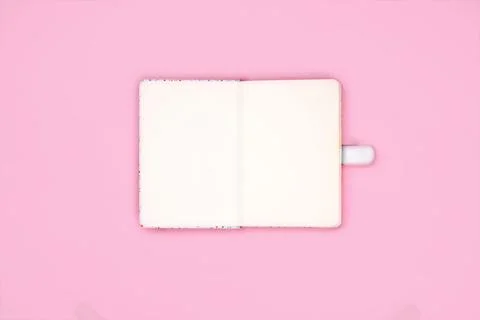 Diary book open with copy space on pink background. Opened book 스톡 사진