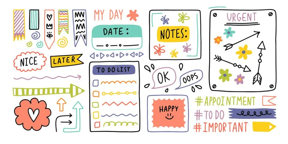 Diary bullet cute journal border elements. Note icon, sticker for school Illustrazione stock