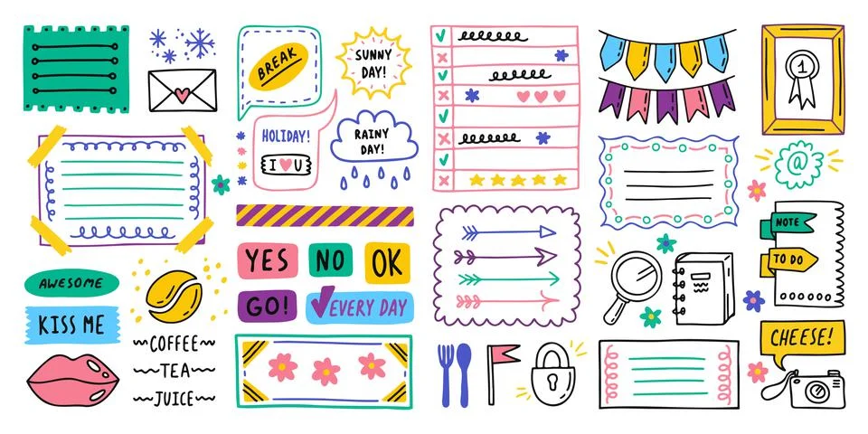 Diary bullet cute journal border elements. Note icon, sticker for school. Vector Illustrazione stock