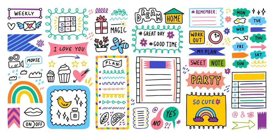 Diary bullet cute journal border elements. Note icon, sticker for school. Vector Stock Illustration