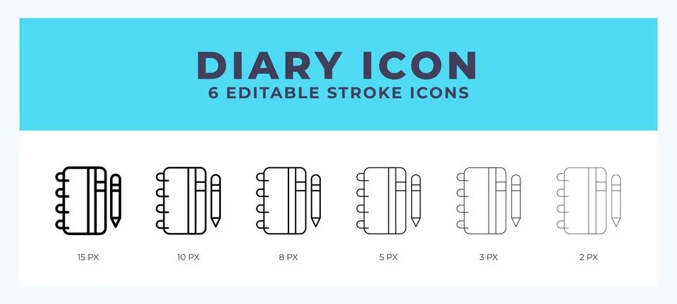 Diary icon set with different stroke. Design elements for logo. Vector illu.. Illustrazione stock