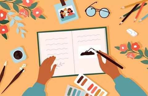 Diary journal. Writing in notebook. School book on table. Hand notes. Arms 스톡 일러스트