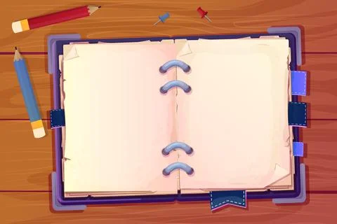 Diary, note book in cartoon style top view on wooden desk background with Stock Illustration