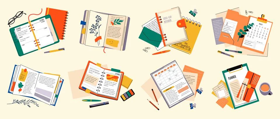 Diary notebook. Book hand note by pen write doodle on school paper page, trendy 스톡 일러스트
