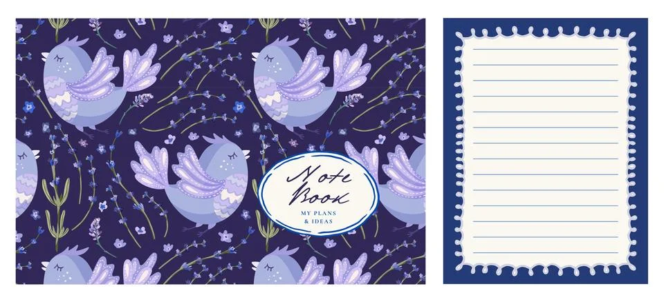 Diary Notebook Journal Cover Vector Set With Lavender Flowers Bird Girly El.. Stock Illustration