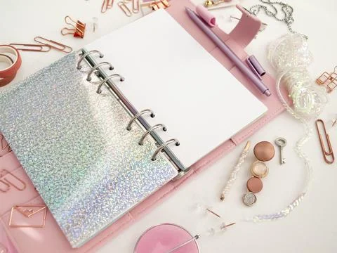 Diary opens with white and holographic page. Pink planner with cute stationery 스톡 일러스트