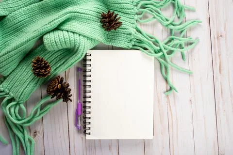 Diary or journaling flat lay, top down view with blank notebook, pen, pine .. Stock Photos
