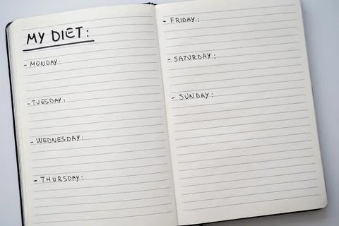 Diary page with "my diet" text, and days of the week. Stock Photos